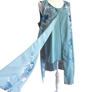 Coldwater Creek tunic blouse sleeveless tank top chiffon blue floral split 18W